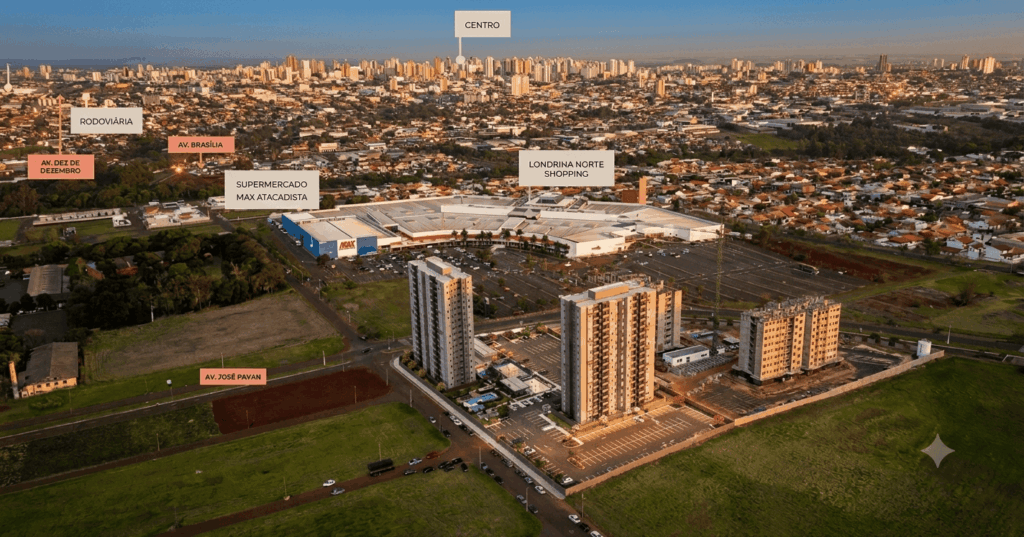 Vista aérea mostrando o Granví ao lado do Londrina Norte Shopping e da região Norte de Londrina.